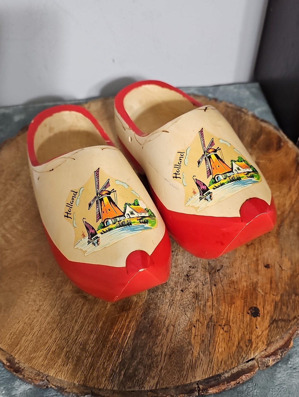 Vintage Handcarved Clogs with Holland Windmill Artwork